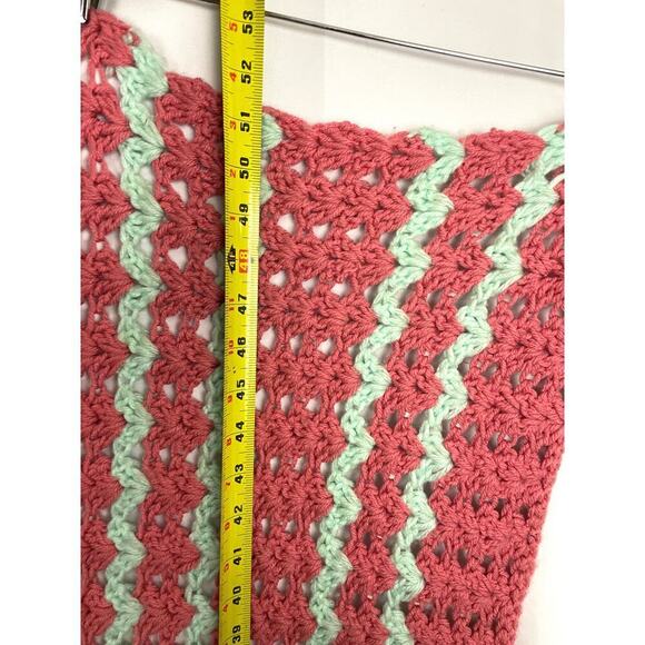 VTG Crocheted Afghan Blanket 42"x51" Handmade CottageCore Granny Coral Green - Picture 7 of 7